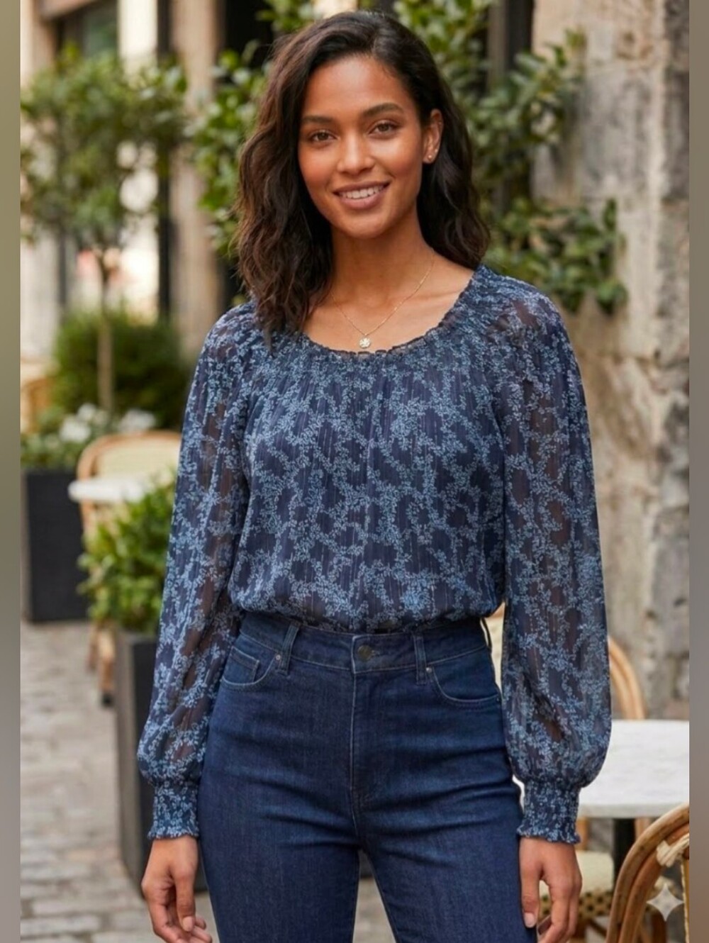 Michael Kors Sheer Blue Floral Long Sleeve Off Shoulder Blouse Metallic Lurex S